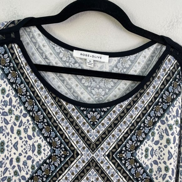 Rose + Olive Womens Plus 3X Geometric Tunic Top Open Sleeve Detail Stretch Shirt - Picture 9 of 10